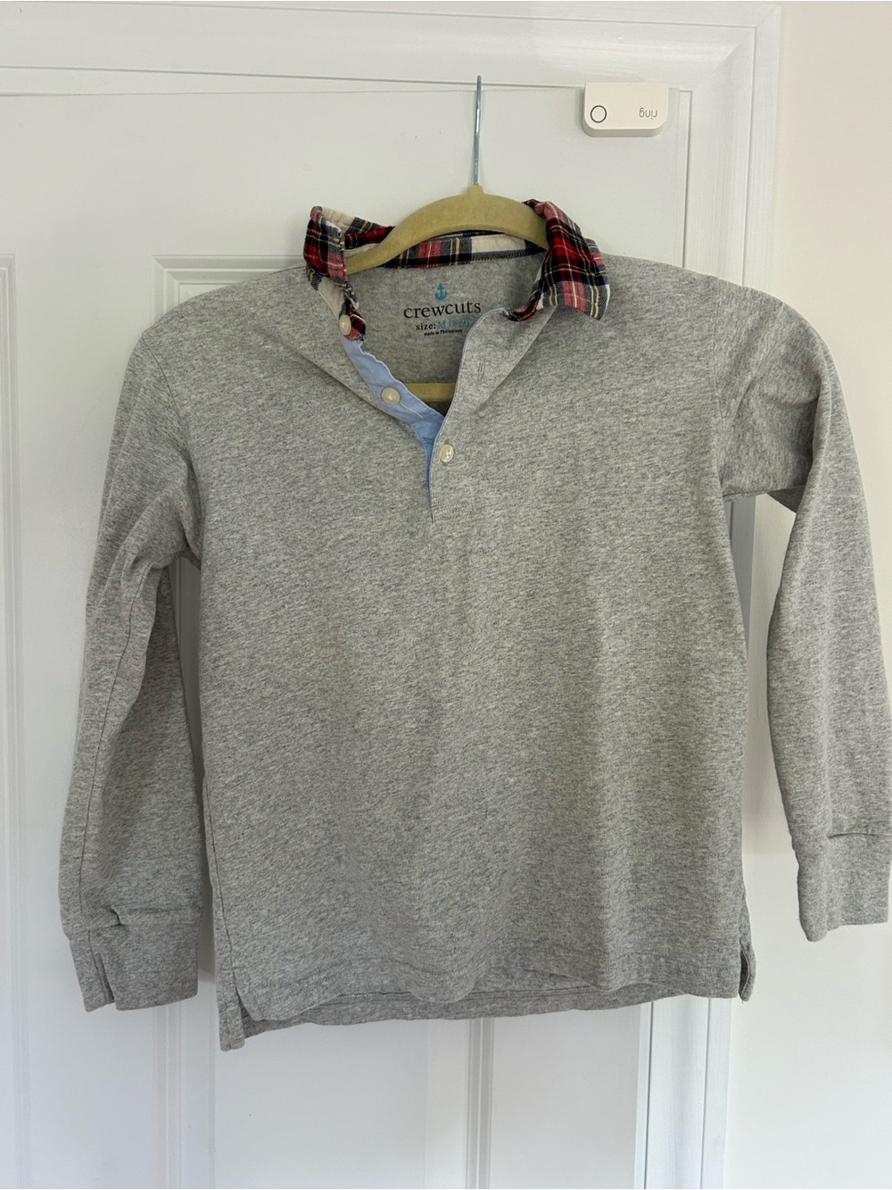 Boys - Crewcuts Heather Gray Long-Sleeve Polo with Red Plaid Collar - size 8/9
